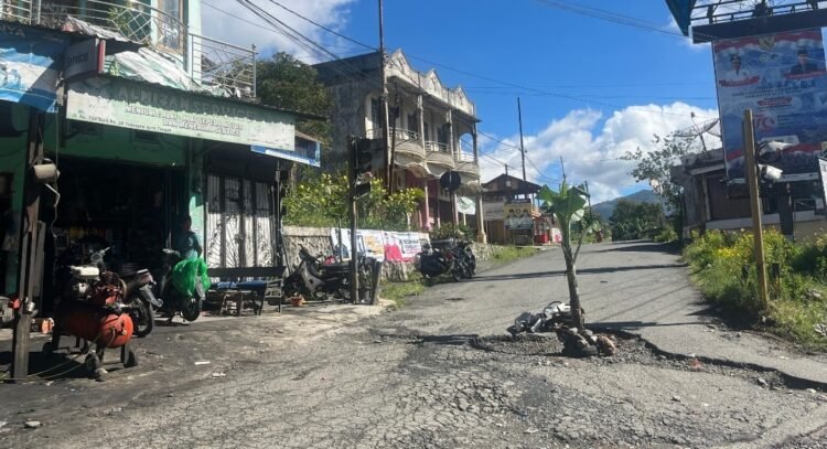 Lubang Menganga, Warga Tanam Pohon Pisang di Jalan Elak ke Arah Kebet