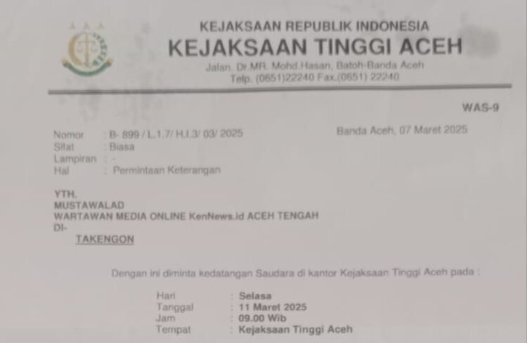 Kejati Aceh Panggil Jurnalis Kennews.id Terkait Berita Dugaan “Titipan” Jaksa di Aceh Tengah