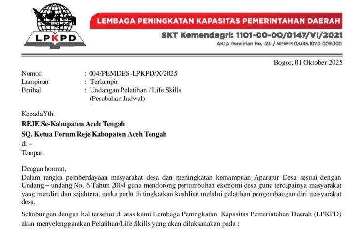 Lagi, Undangan Pelatihan Life Skill di Aceh Tengah Beredar, Biaya Rp 13 Juta Per Desa