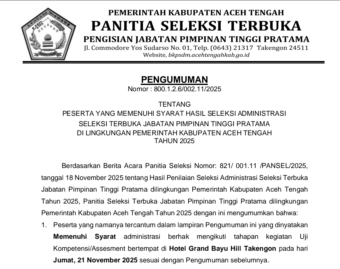 Hasil Seleksi Administrasi JPT di Aceh Tengah Diumumkan, ini Nama – Namanya!