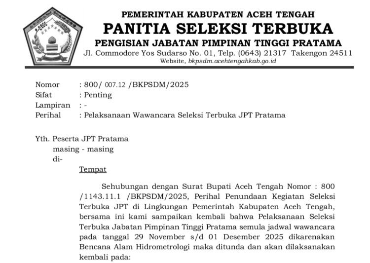 Peserta Seleksi JPT di Aceh Tengah Diwawancara Besok