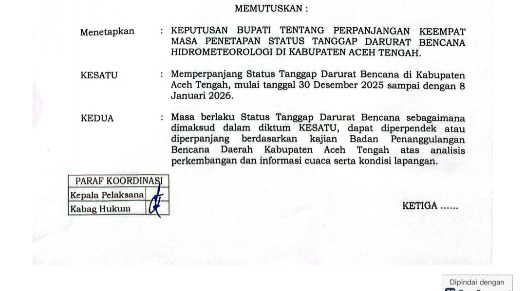 Status Tanggap Darurat Bencana di Aceh Tengah Diperpanjang hingga 8 Januari 2026