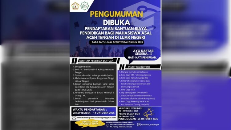 Baitul Mal Aceh Tengah Buka Pendaftaran Bantuan Pendidikan Mahasiswa di Luar Negeri
